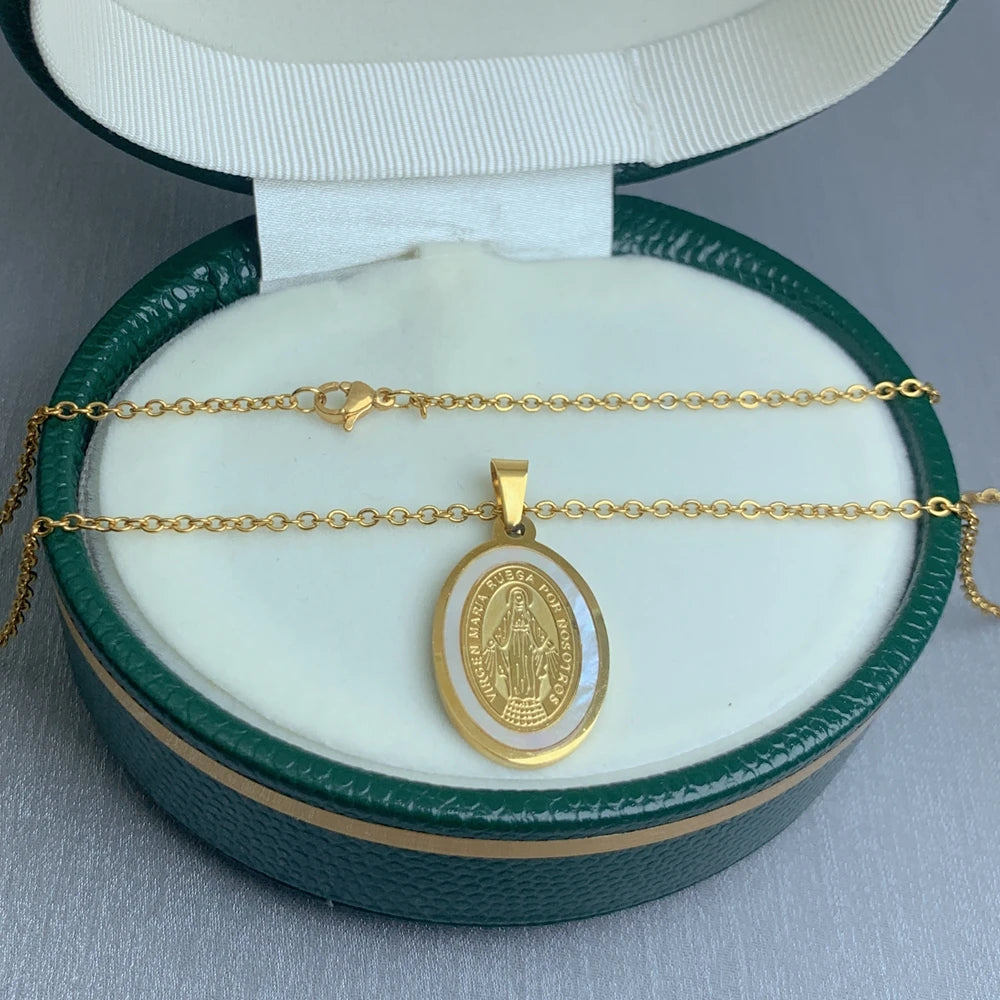 Women 18k Gold Plated White Shell Oval Medal Religious Virgin Mary Pendant Round Stainless Steel Imitation Necklaces