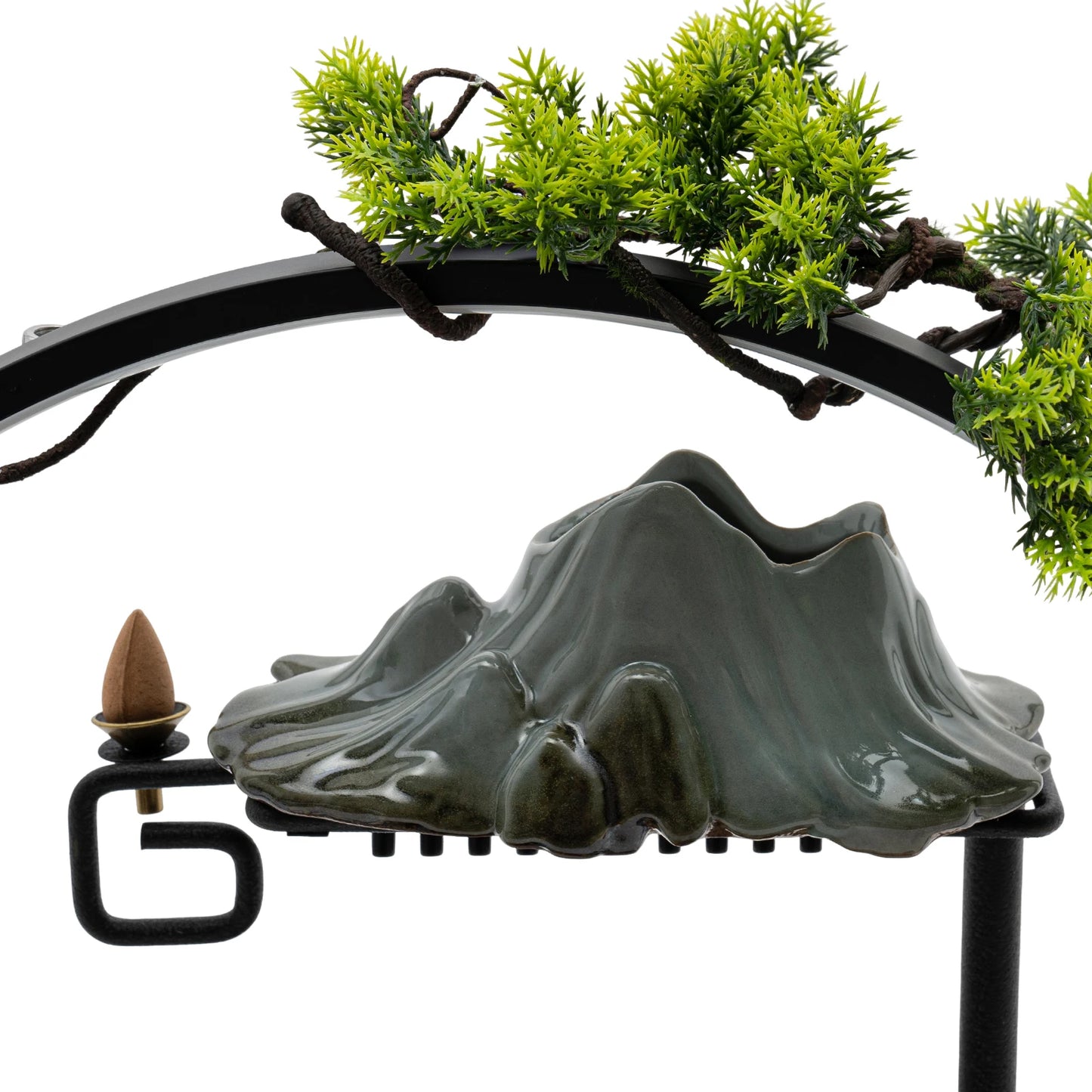 Wood Indoor Round Shaped Bracket Tabletop LED Lighted Ceramic Male Buck Deer Pine Trees Rocky Mountain Misty Waterfall Fountain/Colors-Brown/Green/White/Black
