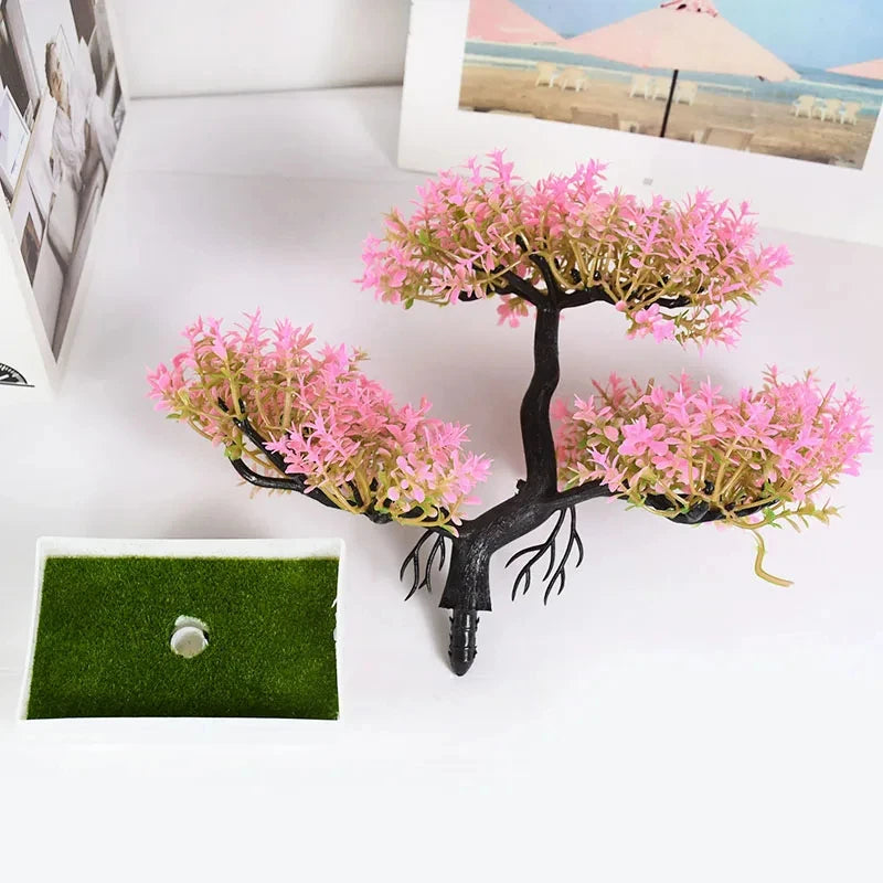 Artificial Small Bonsai Plastic Non-Flowering Plant-Rectangle Flower Pot/Colors-Floral/Green/Black/Pink