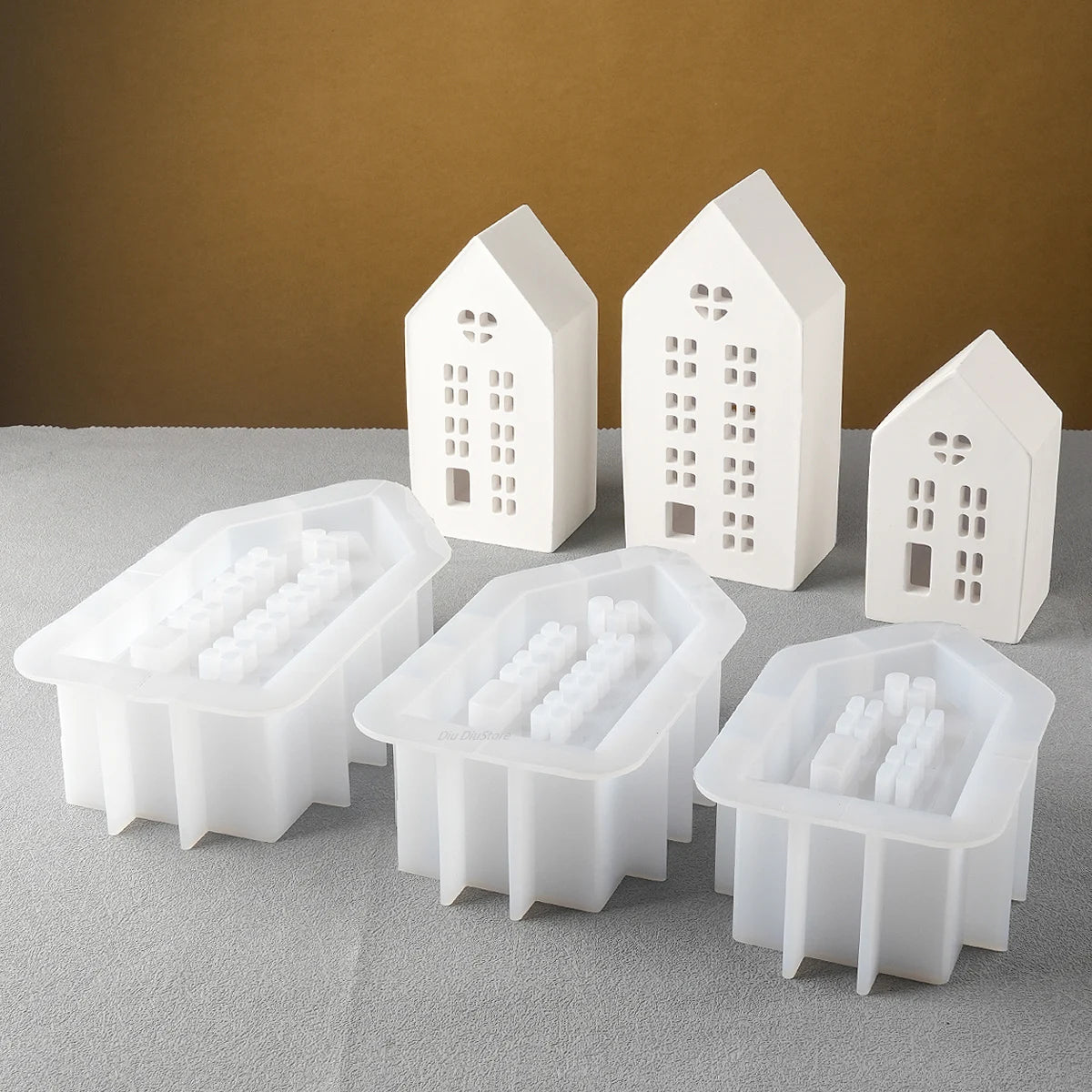 Silicone DIY Handmade Plaster Concrete 3PCS House Shape Candleholder Craft Milky White Molds