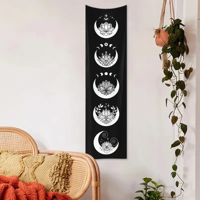 Rectangle Polyester Geometric Black Background White Printed Moon Phrase-Starry Sky Colorful Floral Wall Hanging Tapestries