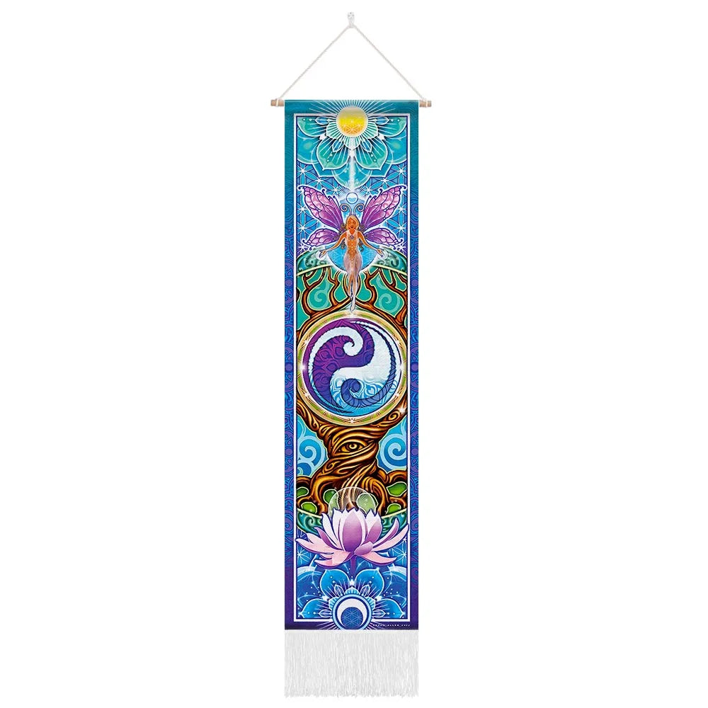 Unisex Rectangle Knitted Cotton-Polyester Blend Printed Soft Fabric 4 Colorful Geometric Chakras Themes Intricated Design Fringed Spiritual Meditation Wall Hanging Tapestries