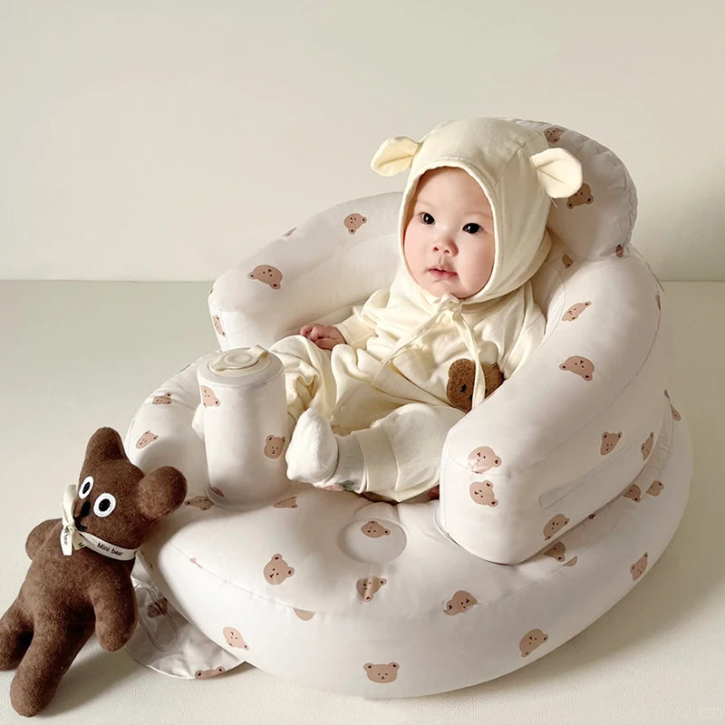 Babies PVC Cartoon Olive Flower-Bear Head Animal Print Soft Front Gear Surround Large Arc Backrest Breathable Sunk Base Built-In Air Pump Inflatable Chairs/Ages: 6 Months-3 Years Old/Colors-Floral/Animal/Dots/Multicolor
