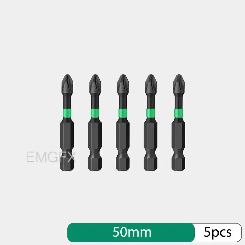 EMGFX 5 PCS Set Mechanic Design Impact Resistant Phosphating Black-Green Coating Alloy Steel Phillips Screw Head Low Magnetic Screwdriver BITS For Drills