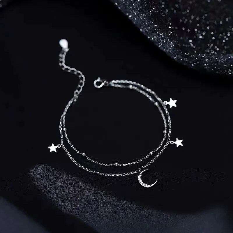 CHUHAN Women Sterling Silver-Plated Metal Geometric Double Layer Stars-Half Moon-Silver Tiny Bead Balls Charm Fine Imitation Chain Bracelets