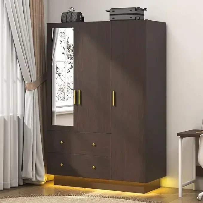 4 Door Armoire Mirrored Wardrobe Closet w/ 2-Way Remote Control LED Lighted Armoire/ 2 Drawers/Colors-White/Purple/Black/Dimensions: 19.7"D x 47.2"W x 70.1"H
