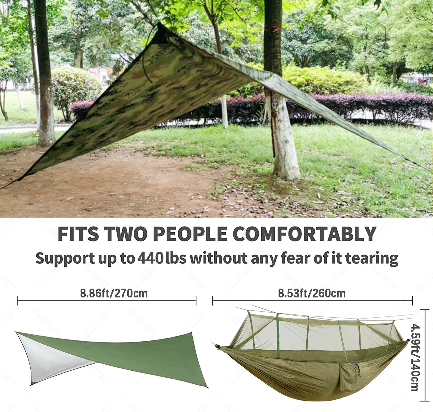 Outdoor Lightweight Waterproof Portable Nylon Mosquito Net-Rope Sleeping Camping Tarp Hammocks/Colors-Camouflage/Gray/Pink/2 Tree Straps/2 Steel Carabiners/Hammock Bag/Load Bearing Weight : 440 lbs