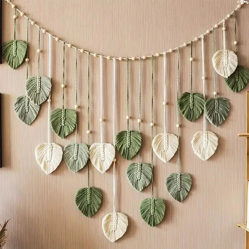 Handmade Boho Fabric Sage Green-Off-White Macrame Leaves Natural Wall Hanging Tapestries/Colors-Green/Brown