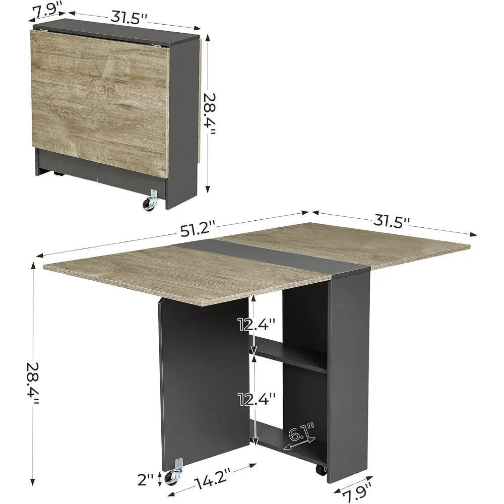 Rectangle Wood Folding Dining Table w/2 Storage Racks/ Drop Leaf Table w/ 6 Wheels/Colors-Wood +White/Chestnut +Gray/Brown +Black