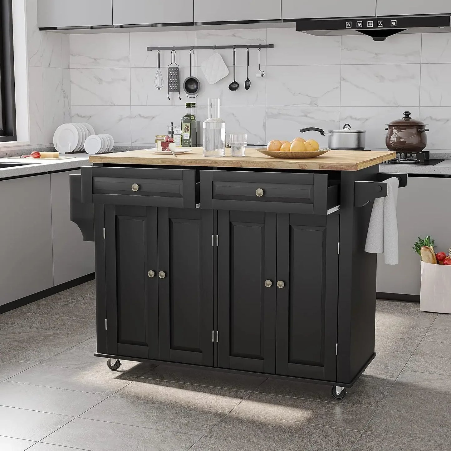 White/Black Wood Top Kitchen Island /Drop Leaf Breakfast Bar