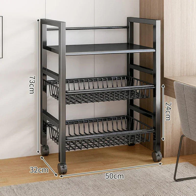 Kitchen Black-Brown Color Adjustable Height Pine Wood-Metal Storage Rack Movable Carts/360° Rotating Wheels