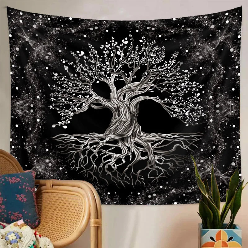 Decorative Polyester-Cotton Black Background-White Printed Nature Tree of Life Design Wall Tapestries/Colors-Black/Orange/Navy Blue/White/Yellow/Multicolor