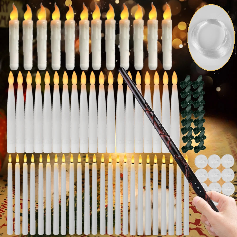8-12 PCS LED White Tall Round Plastic Magic Wand Remote Control Flickering Floating Flameless Taper Candles