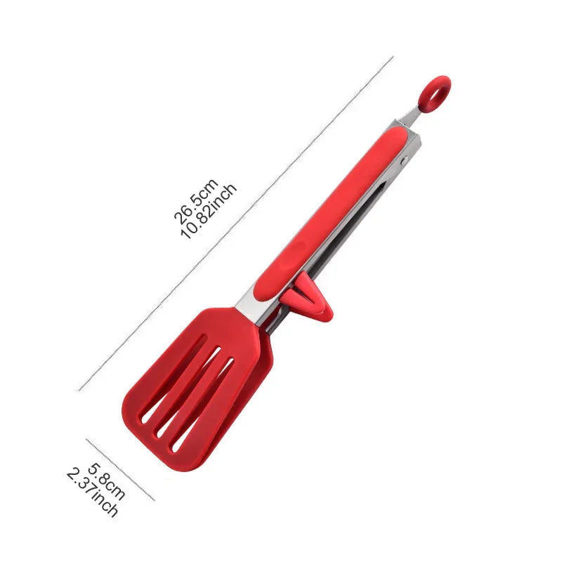 Kitchen 9-Inch Silver Stainless Steel Food Clip-Bracket Silicone Coated Handles-Tongs Tips-Padlock Hang Hole/Colors-Red/Beige/White/Black/Silver/Multicolor