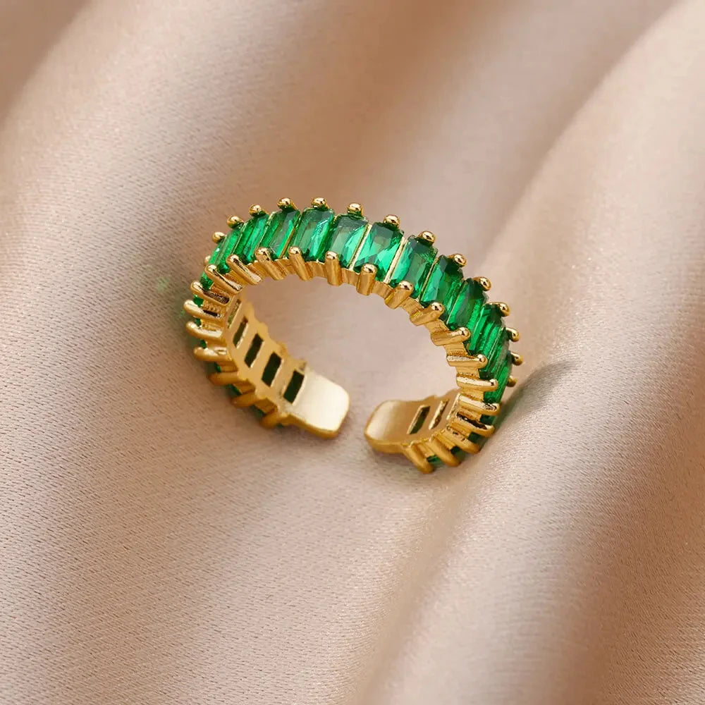 Colorful Square Zircon Anti-Acid-Alkali Stainless Steel Imitation Gold Mood Tracker Crystal Open Finger Rings/Colors-Geometric/Multicolor/Gold/Green/Red