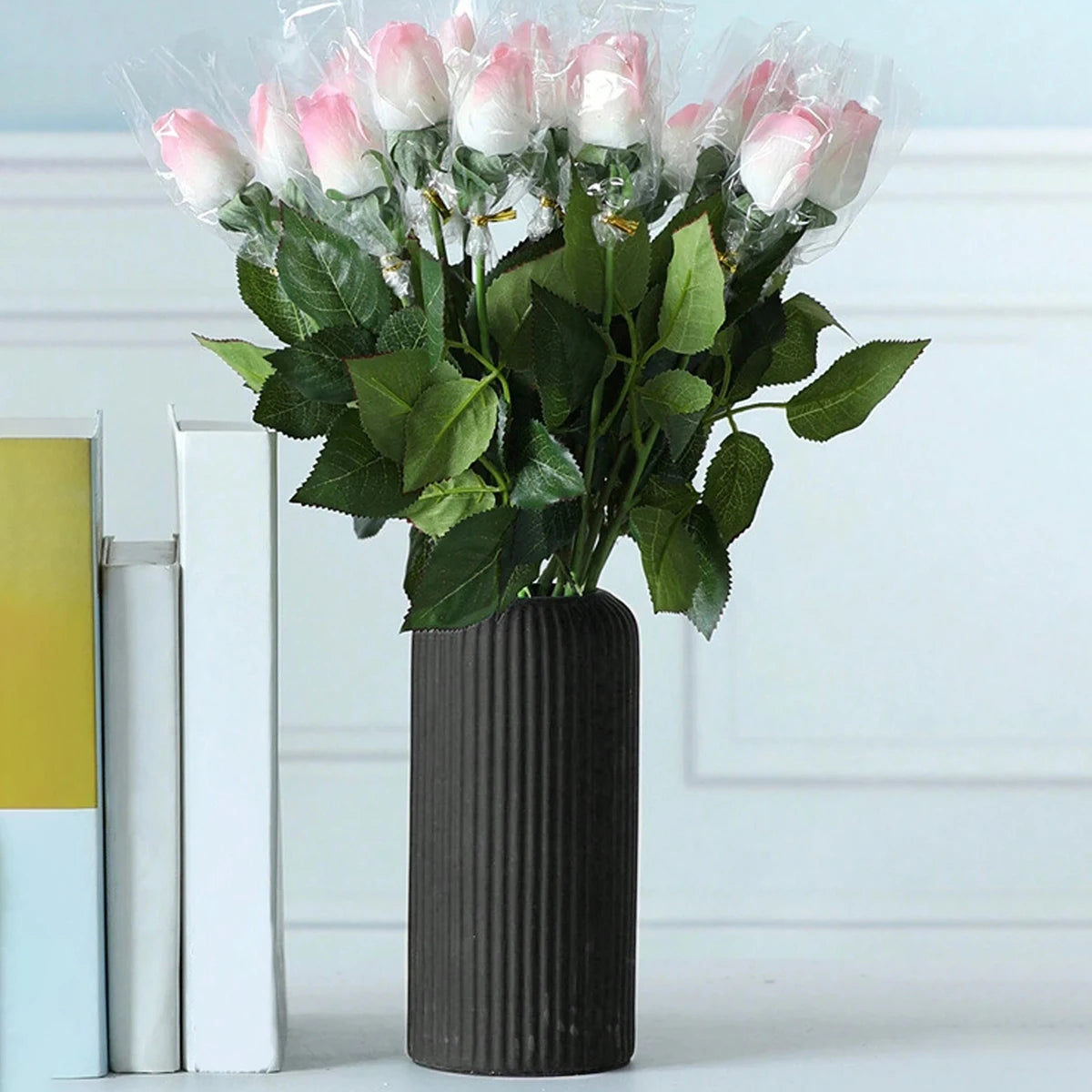 Striped Cylindrical Ceramic-Like Plastic Vases/Colors-White/Black