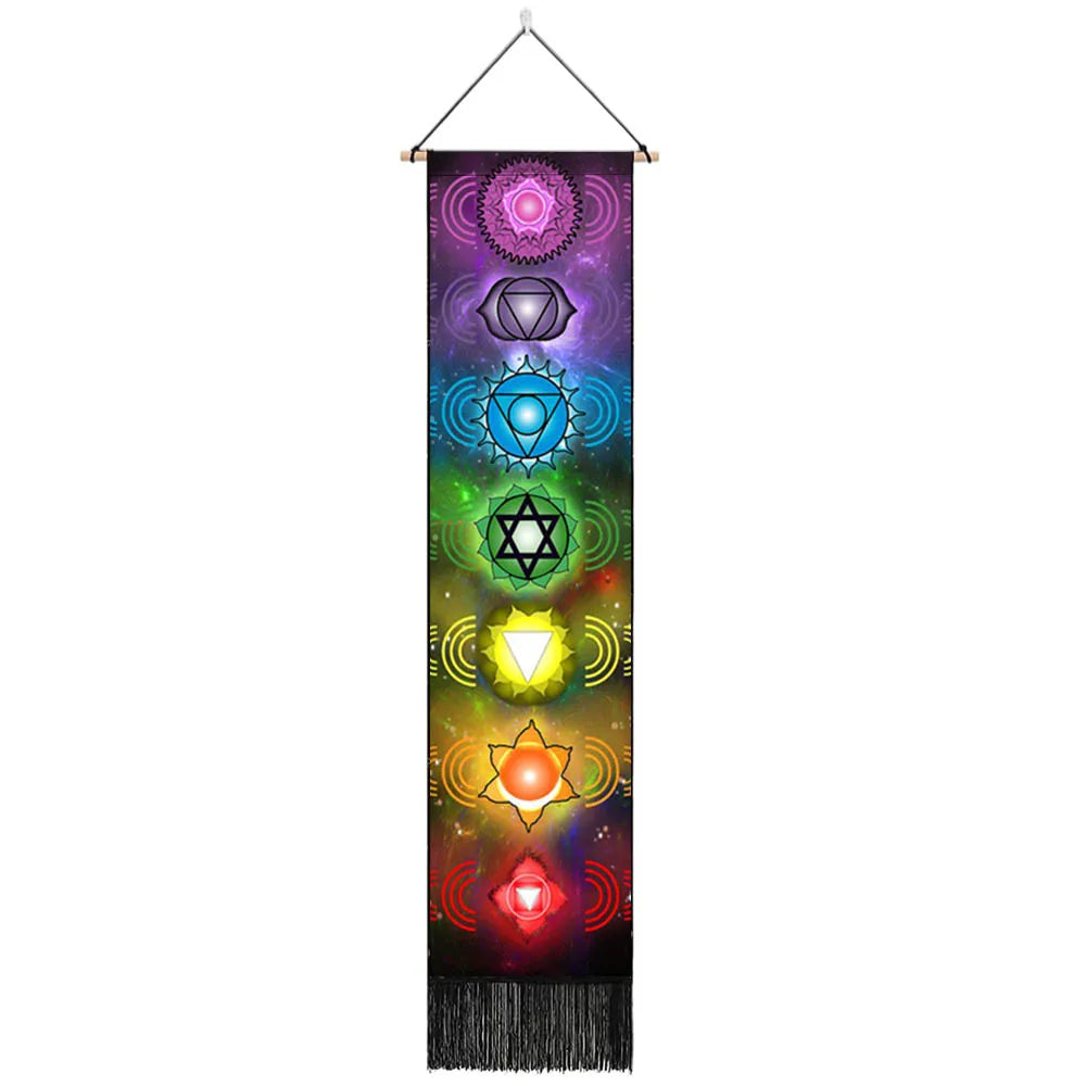 Unisex Rectangle Knitted Cotton-Polyester Blend Printed Soft Fabric 4 Colorful Geometric Chakras Themes Intricated Design Fringed Spiritual Meditation Wall Hanging Tapestries