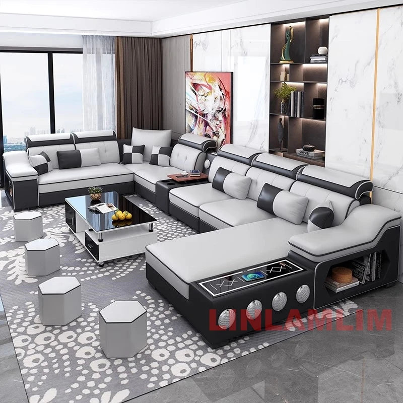 MANBAS Modern Gray U-Shape Corner Medium Firm Soft Comfortable Fabric Sectional Sofa Sets/ Chaise Lounge/ Bluetooth Speakers/ USB Charging Ports/4 Stools/Colors-Blue/Dark Blue/Dark Gray/Light Gray/Off White/Beige/NO Table