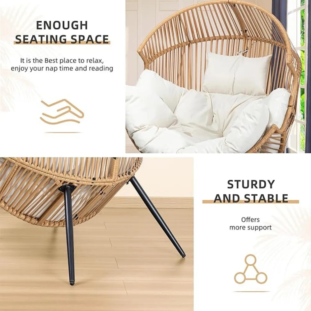 Outdoor Beige Wicker Egg Chair PE Rattan Chair with Cushion/Dimensions L x W: 32.3"L x 38.4"W/