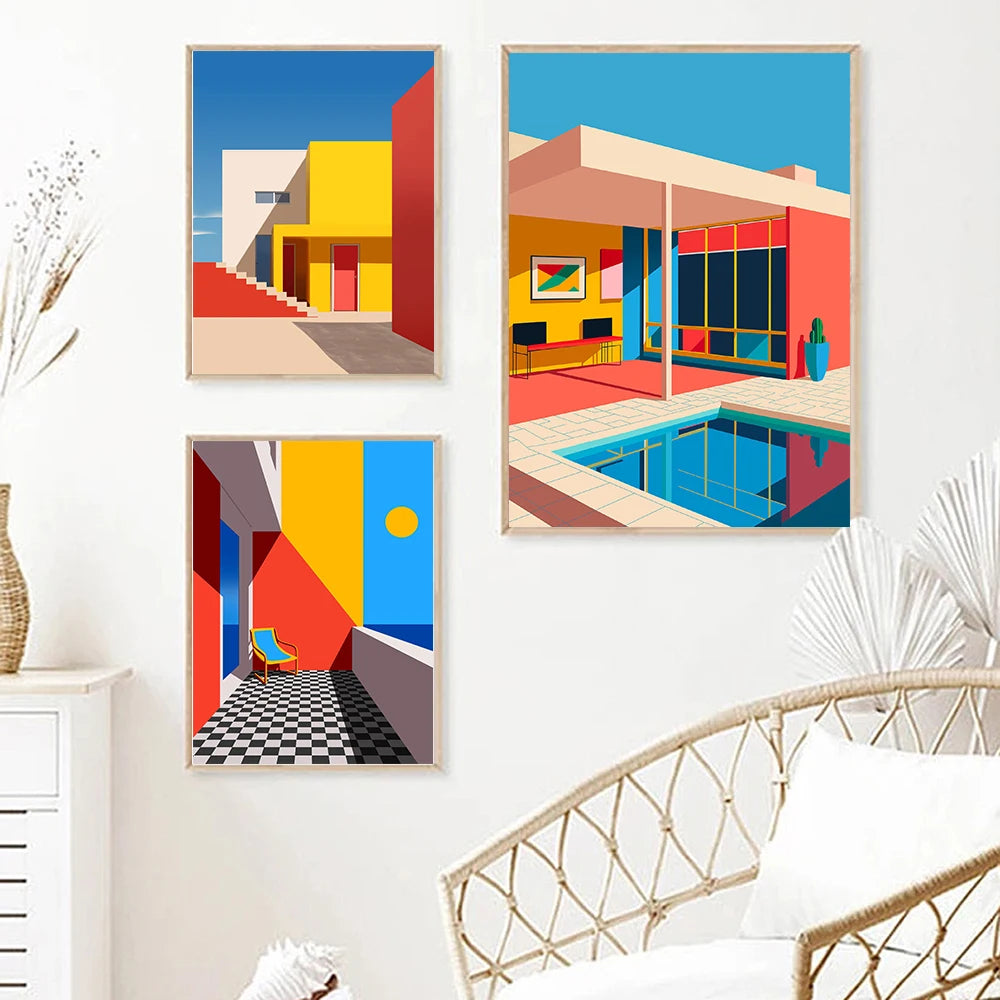 Modern Rectangle Canvas Frameless Mirrored Colorful Waterproof Ink Game Balcony-Poolside Rooftop Giclee Abstract Wall Prints/Colors-Multicolor/Blue/Red/White