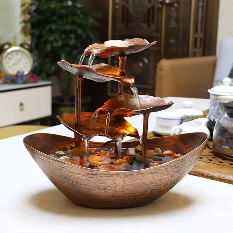 Modern Small LED Lights Metal Flowing 4-Tiers Realistic Lotus Leaf Ultra-Deep Boat Shape Open Basin Pebble Circulating Soothing Desktop Fountains/USB Power Cord/Colors-Bronze/Gold/Silver/Brown