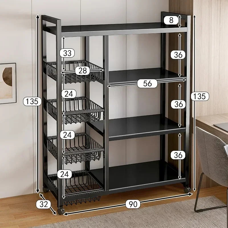 Kitchen Black-Brown Color Adjustable Height Pine Wood-Metal Storage Rack Movable Carts/360° Rotating Wheels