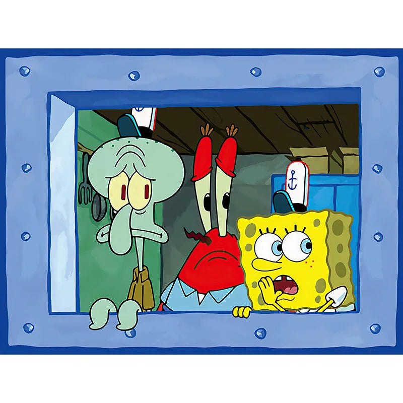 Kids Small Rectangle Polyester Realistic Blue Metal Framed Window Cute Cartoon SpongeBob-Patrick-Star-Mr. Krabs Cloth Tapestries/Ages: 14-18 + Years