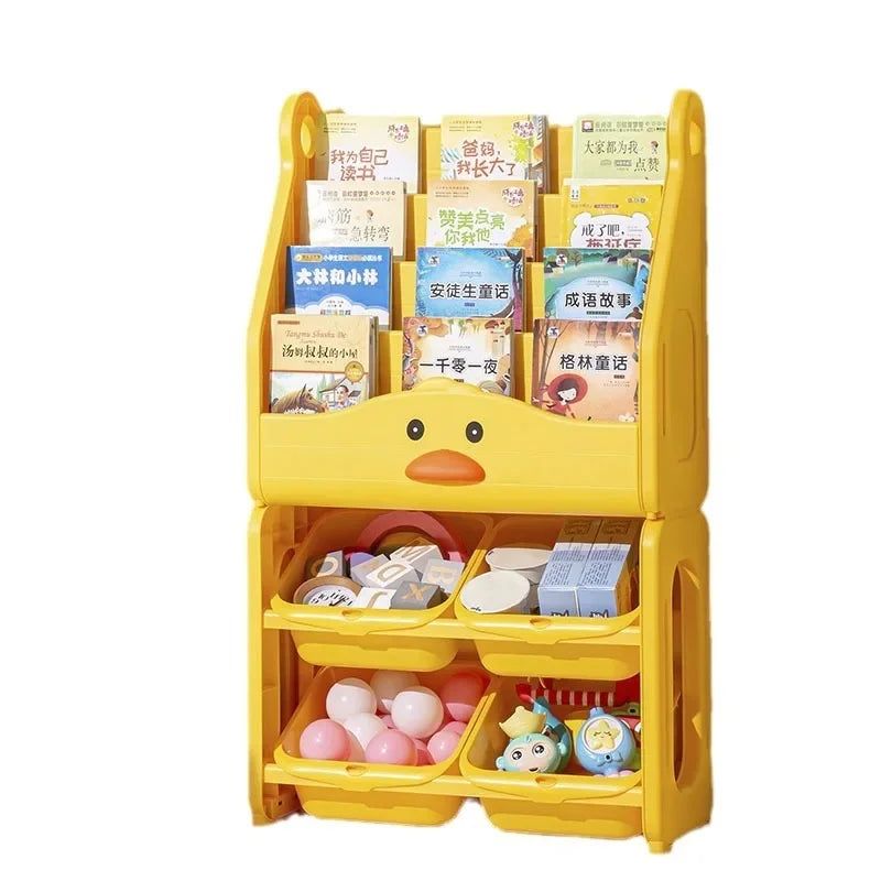 Toddler-Size Yellow Solid Plastic Duck Animal Face Design Free-Standing 4-Deep Storage Shelves-4 Storage Bins Bookshelf