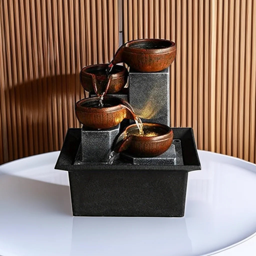 Feng Shui Plastic LED Lights Tabletop 4-Tier Brown Clay Pots Sitting On 4 Silver Square Pillars Water Flowing Black Fountains