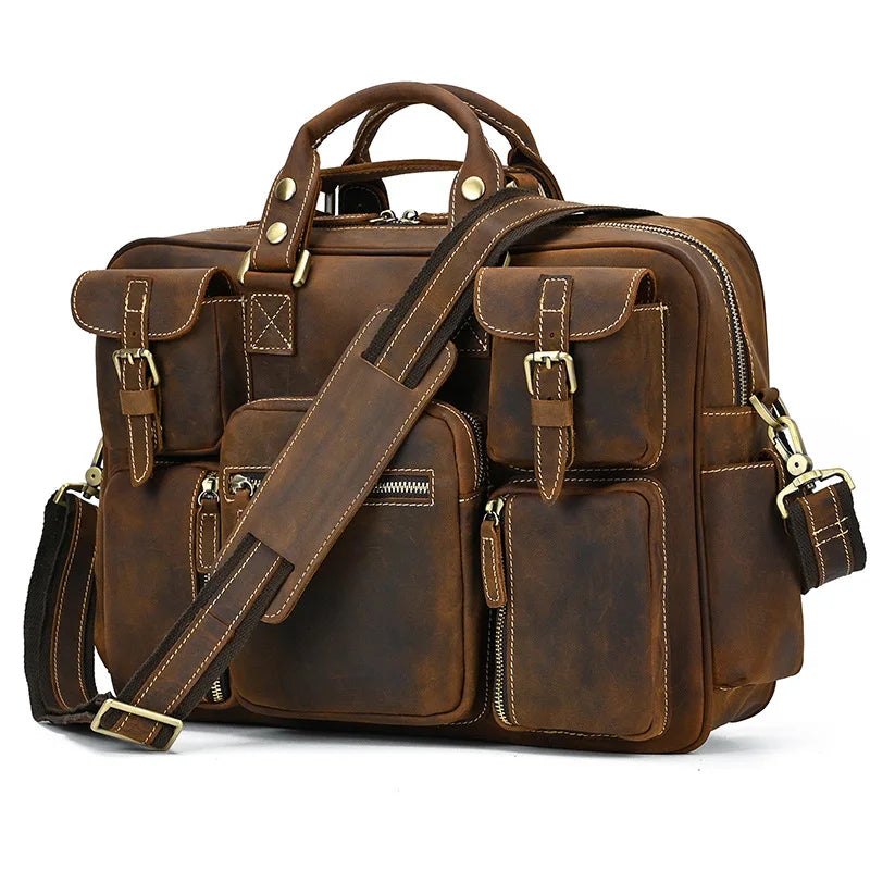 Men Luufan Vintage Zipper Cow Leather Briefcase Bags/Fits 15.6 Inch Laptop/Handles/Shoulder Straps/Single-Laptop Compartments/External Pockets/