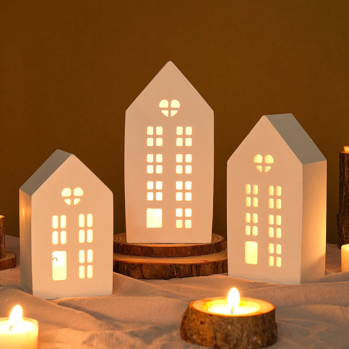 Silicone DIY Handmade Plaster Concrete 3PCS House Shape Candleholder Craft Milky White Molds
