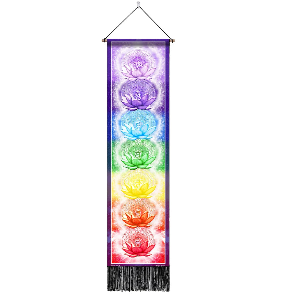 Unisex Rectangle Knitted Cotton-Polyester Blend Printed Soft Fabric 4 Colorful Geometric Chakras Themes Intricated Design Fringed Spiritual Meditation Wall Hanging Tapestries
