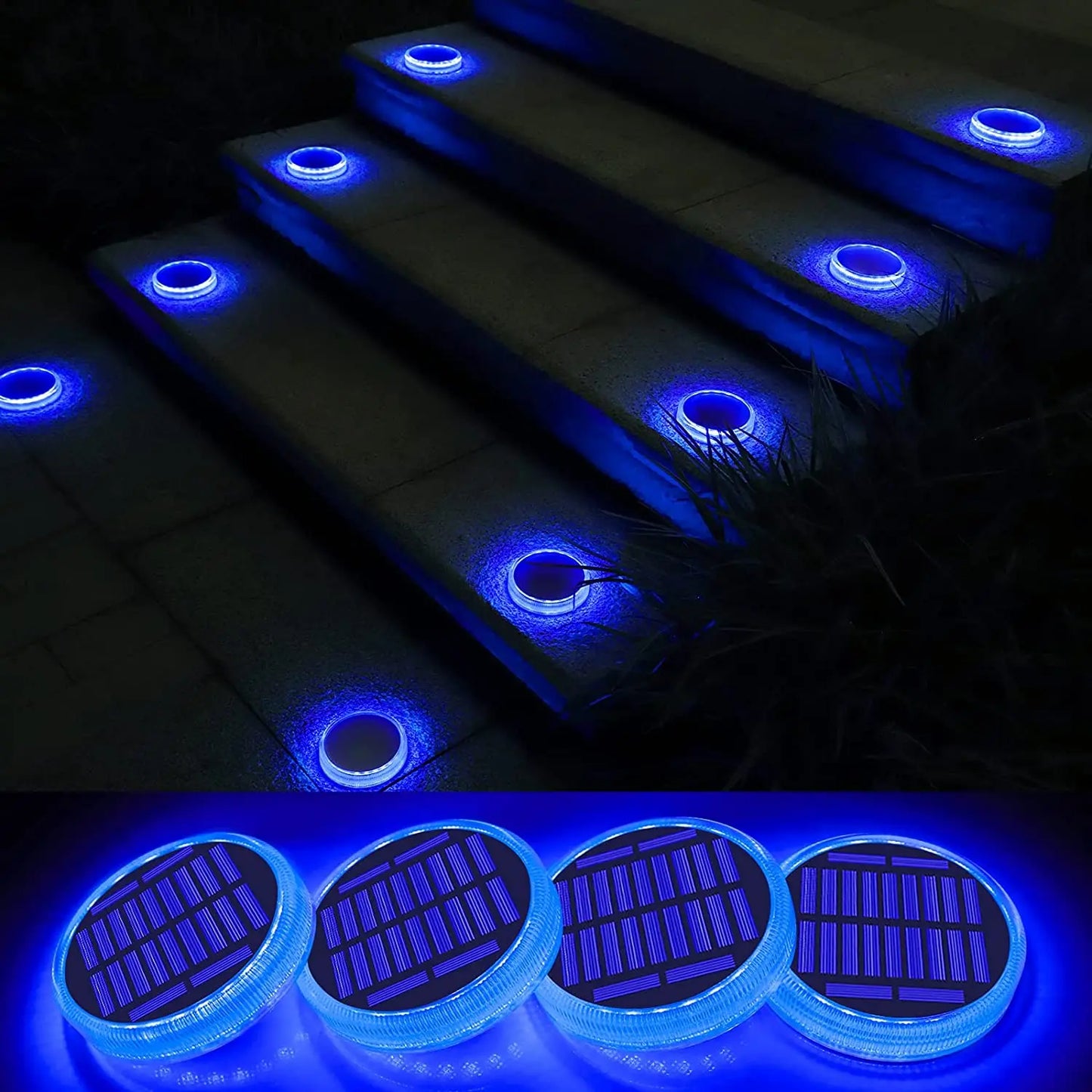 WILLED 4 PCS Outdoor Waterproof Anti-Rust-Corrosion Warm White LED Solar-Powered Automatic On-Off Switch Control Glowing Blue-Black-White Round Plastic Body Built-In Battery 3M Self-Adhesive Stick Bottom Floor Pathway Lighting