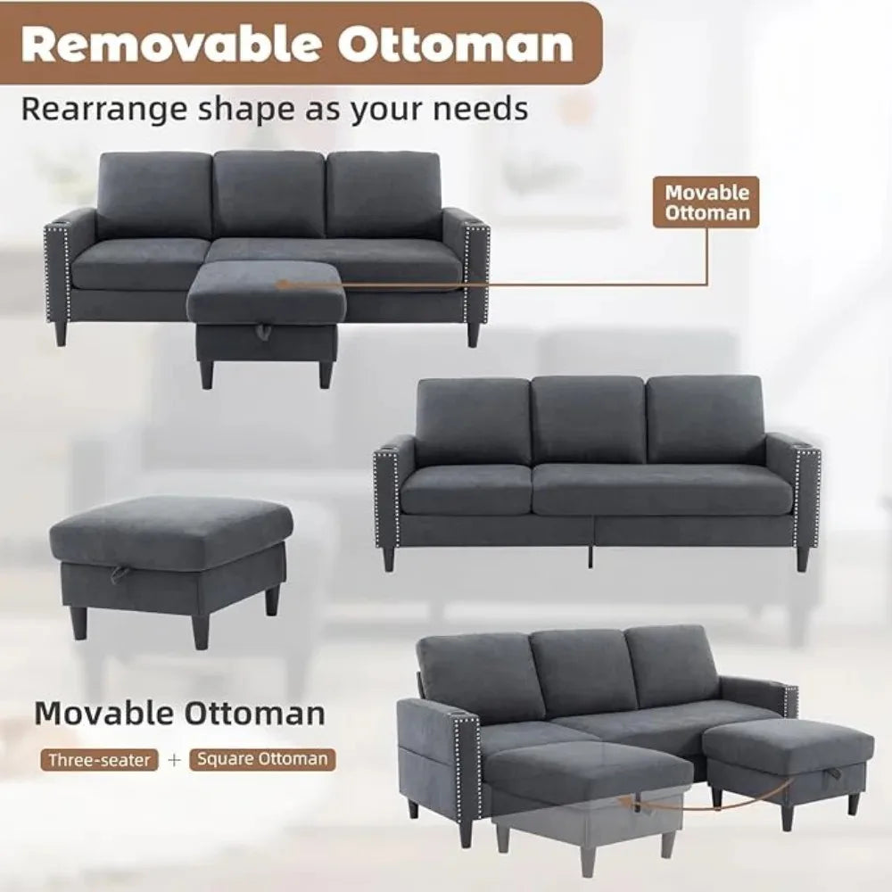 No-EN-Name-Null Modern Cozy Medium Firm Nail-Head Trim Super-Soft Gray Velvet Fabric Cushions Right Face Two Cup Holders Side Storage Pockets Removable Ottoman L-Shaped Small Sectional Sofas