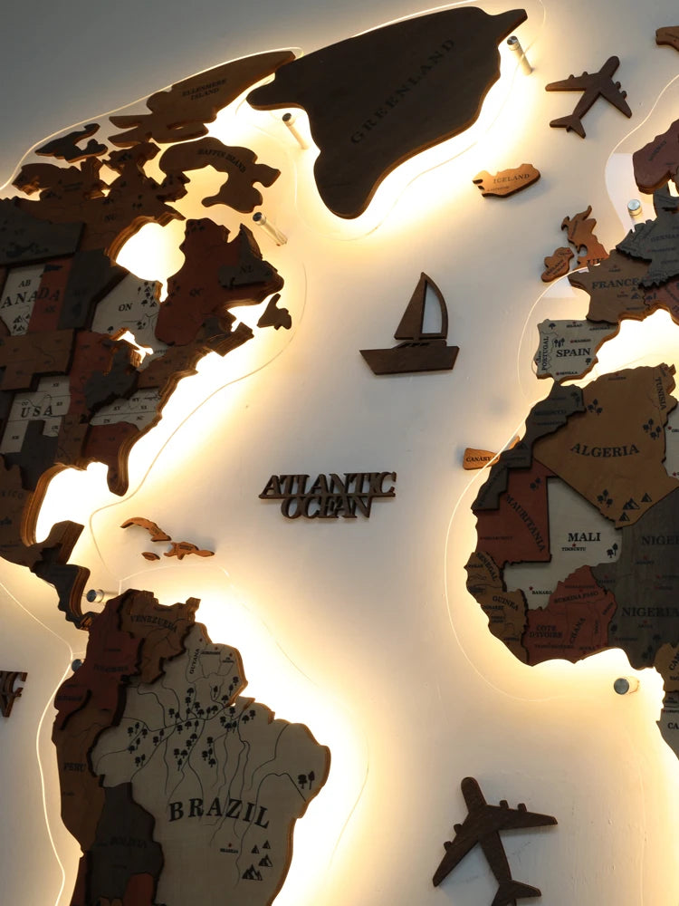 World Light Emitting Map Solid Wood Stereoscopic Wall Decoration/Colors-Brown/Blue/Beige/Black