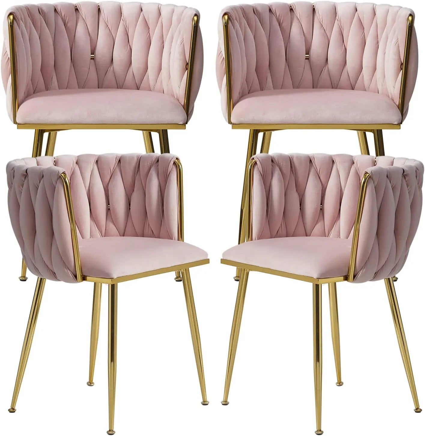 4 pcs Velvet Curved Backrest Woven Upholstered Padded Cushion Tufted Dining Chair Set w/ 4 Gold Metal Legs/Colors-Beige/Gold/Gray/Yellow/Black
