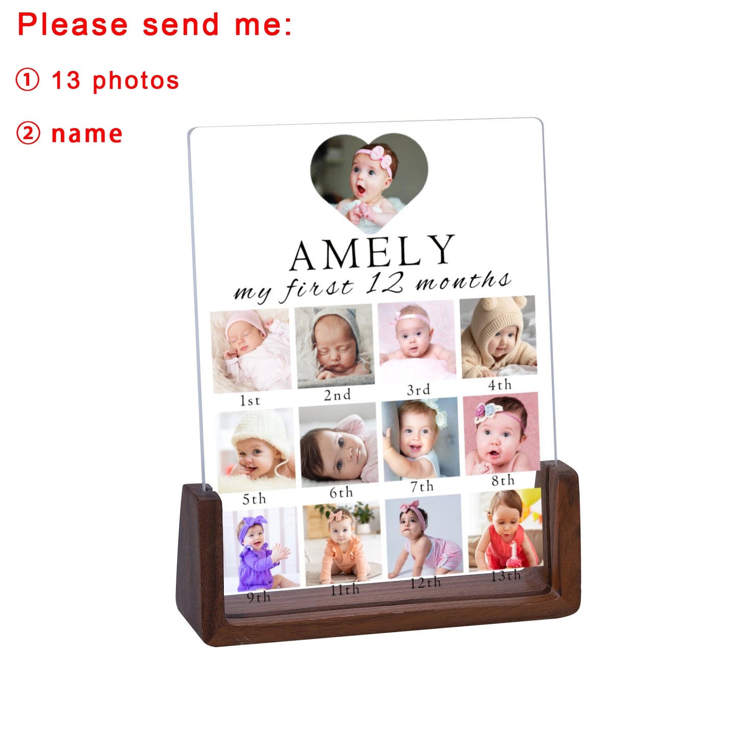 Customized Wood Base Clear Acrylic Plate Rectangle Newborn Babies First Year 12 Photo-Babies Name Display Frames/Colors-Brown/Beige/Clear