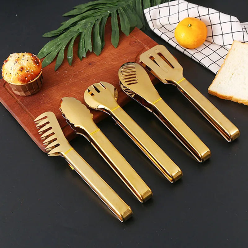 Kitchen Durable Stainless Steel BBQ Cooking Tongs/Colors-Gold/Black/Silver