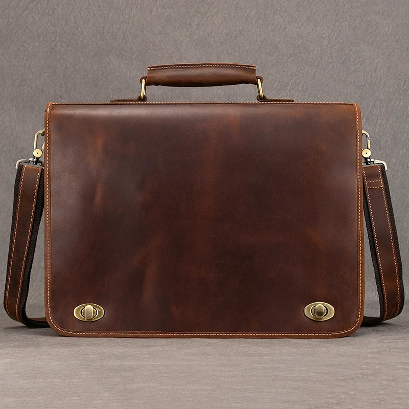Luufan Brown Men Cow Leather Briefcase Zipper Bags/Handles-Shoulder Straps/Built-In Laptop Compartment/Fits 14 Inch Laptop