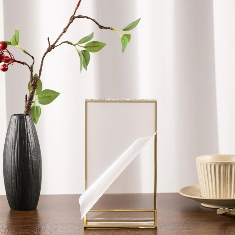 Indoor Gold Edge Color Rectangle Rounded Corner Transparent Clear Acrylic Tabletop Flyer Holder Display Stand Triangle Frame Base/2 Sizes: 4 x 6 Inches-5 x 7 Inches