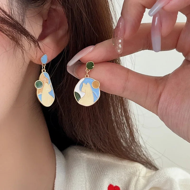Women-Teen Girls Metal Long Tassel Asymmetrical Enamel Needle Cute Cartoon Cats Coffee-Teacup Dangle Drop Fine Imitation Earrings/Colors-Green/Multicolor/Geometric/Animals