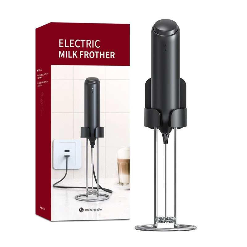 USB Black Rechargeable Handheld Stain Steel Stirring Head Electric Milk Frother Wand