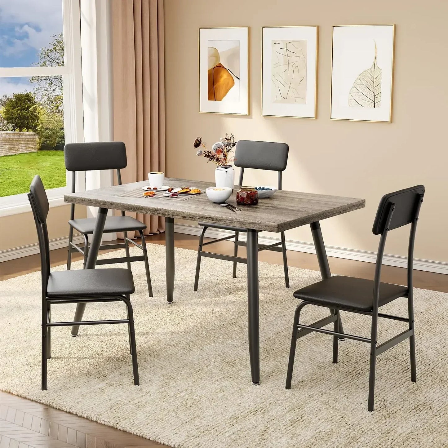 Kitchen Metal Framed Small Dining Table Set w/4 PU Leather Cushion Chairs/Anti-Slip Foot Pads/Colors-Black/Gray/Brown/Dimensions L x W x H: 44.88 x 29.52 x 29.52 inches