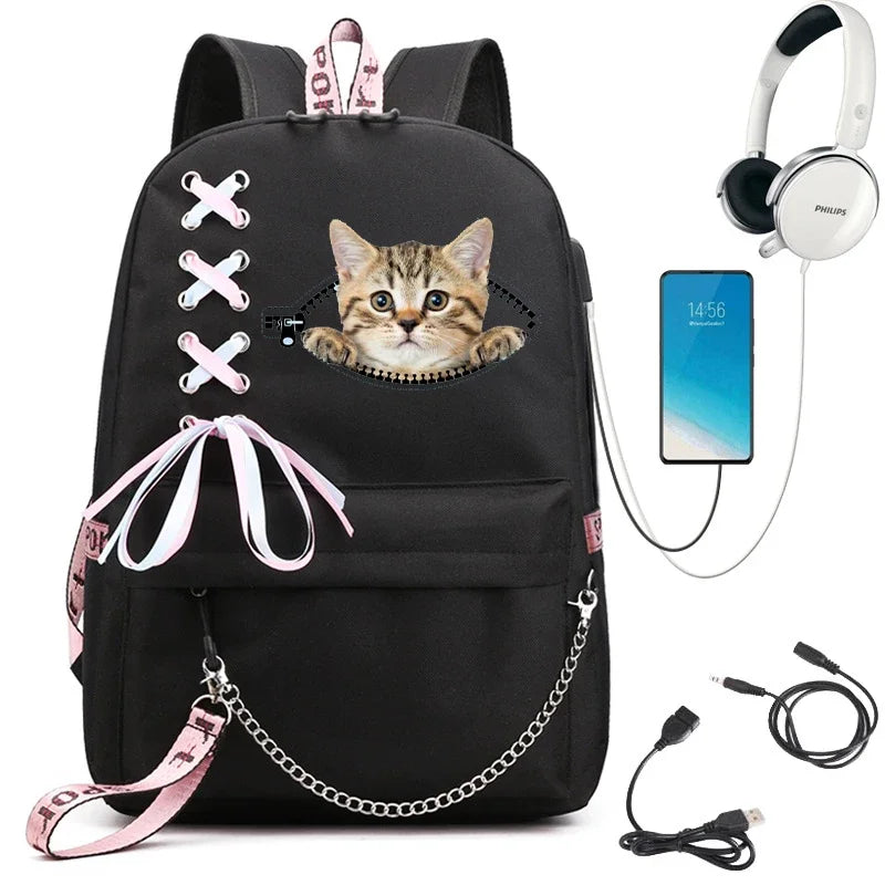 Decorative White Bow Canvas Nylon Printed Kawaii Cat Curved Back Support Zipper Black Backpacks/USB Charging/Built-In Laptop Compartment/Back Straps-Handle