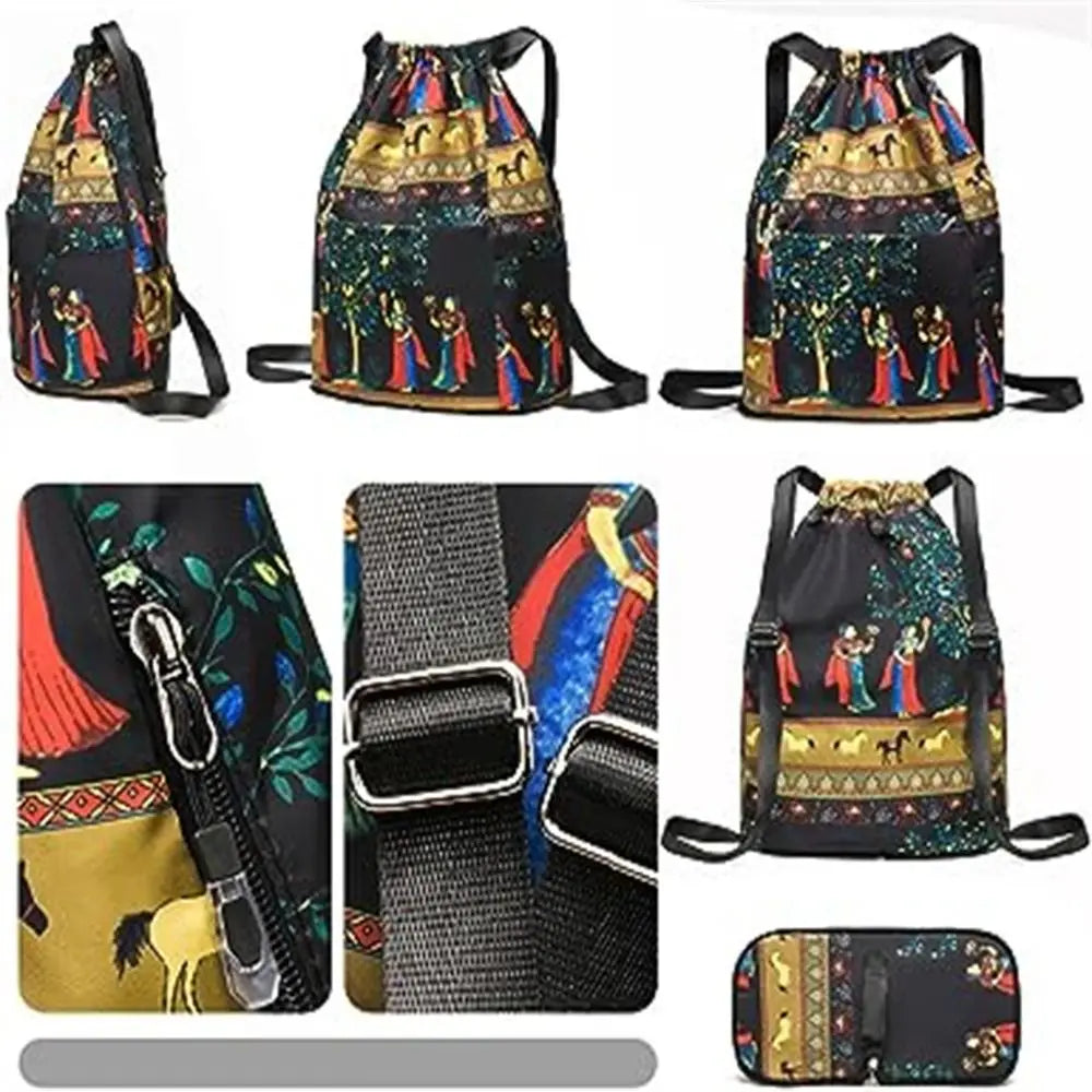 Large Foldable Oxford Cloth Polyester Lightweight Dry-Wet Separation Sports Drawstring Backpacks/External Pockets/Back Straps-Handle/Colors-Black/Animal/Multicolor