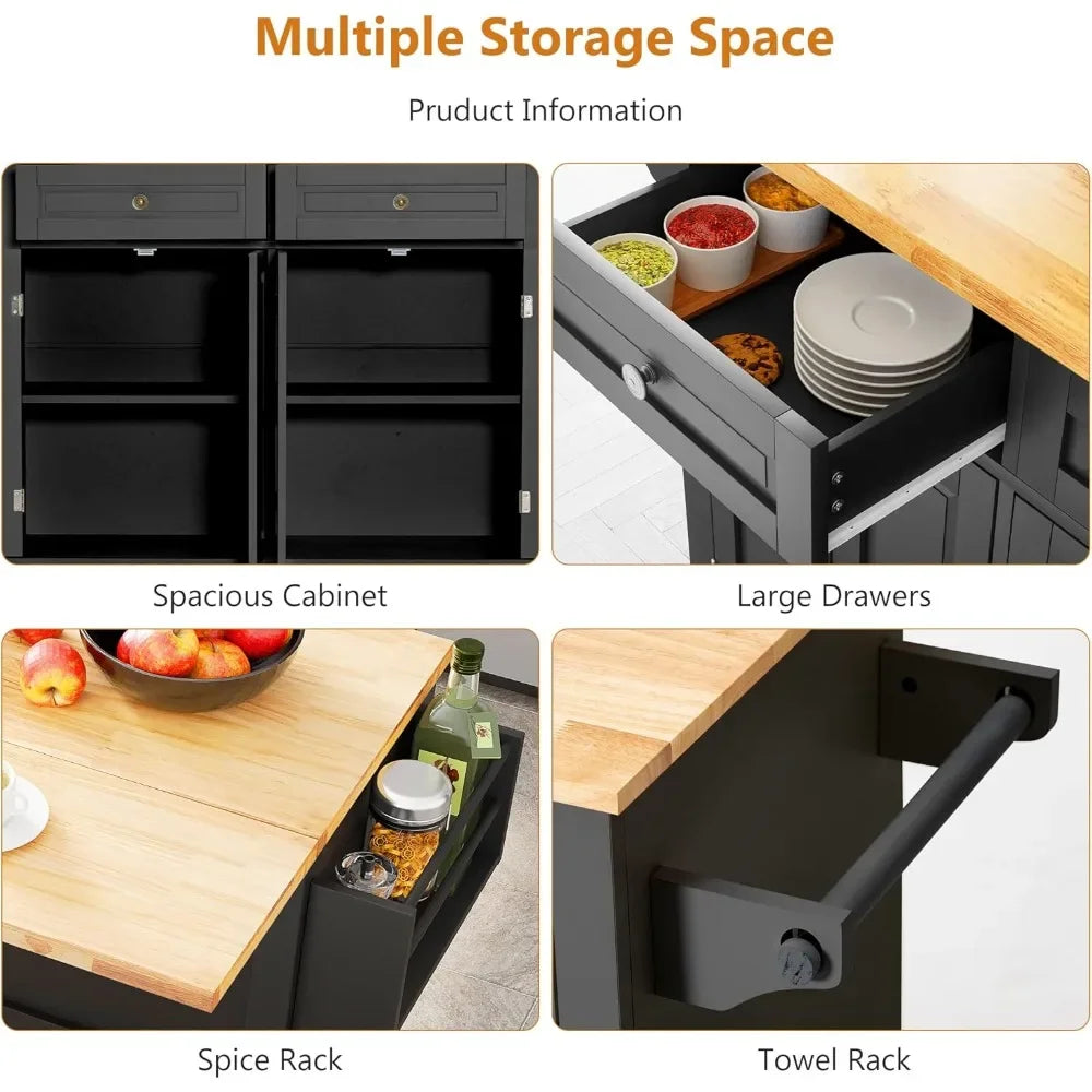 White/Black Wood Top Kitchen Island /Drop Leaf Breakfast Bar