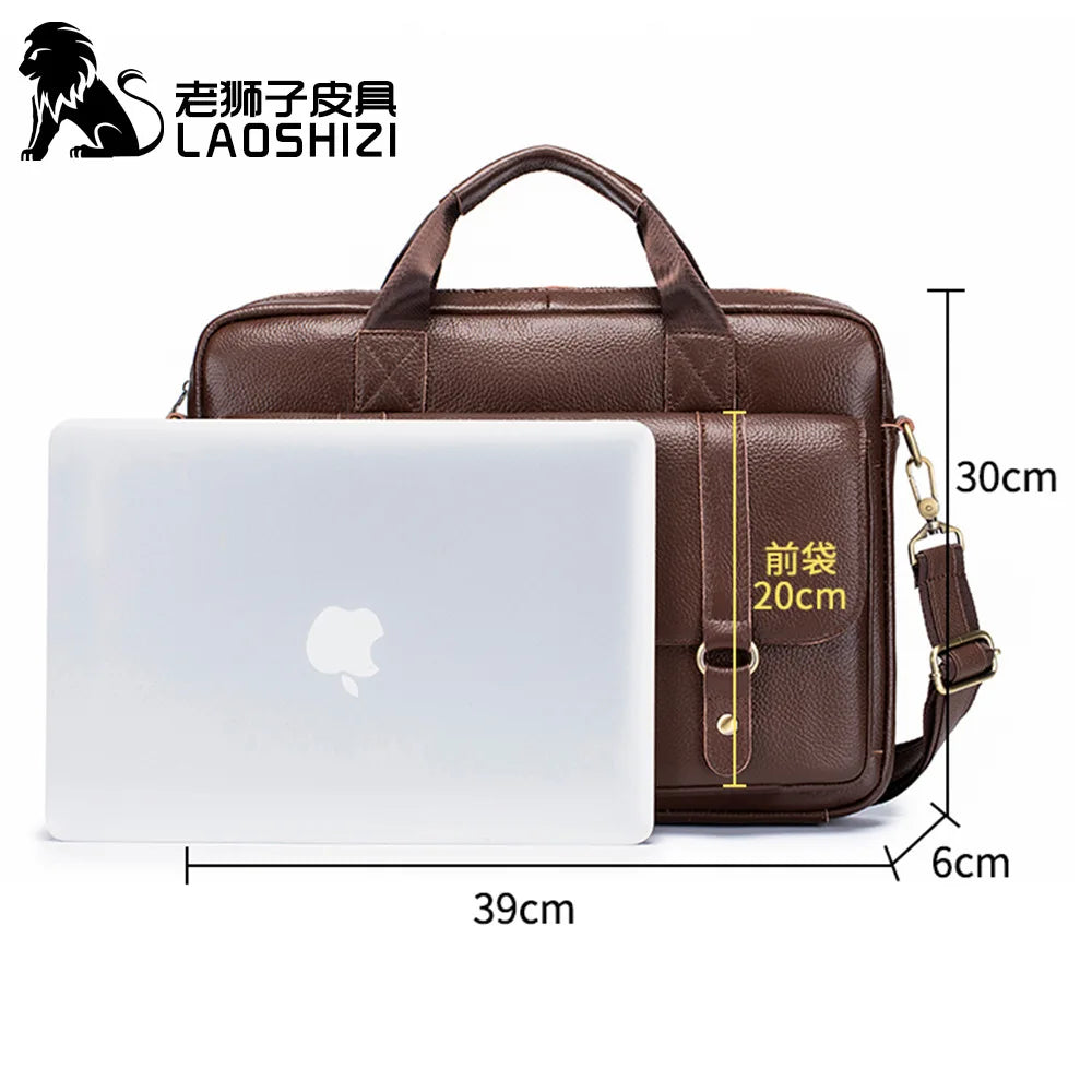 Men Flap Pocket Cow Leather Zipper Briefcase Polyester Bags/ Crossbody Shoulder Straps-Handles/Fits 14 Inch Laptop/IPAD 13.3 Inch Tablet/External Pockets/Built-In Compartments/Colors-Black/Brown