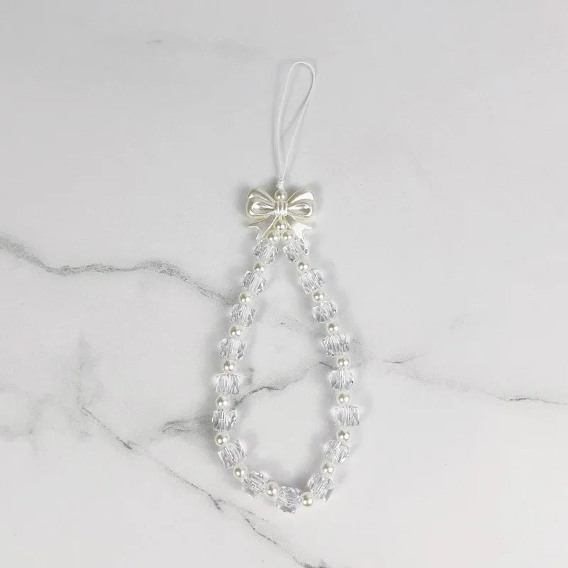 Women Korean Cute Beaded Faux Pearl Charm Strong Nylon Rope Hanging Wrist Strap Phone Accessories/Colors-Black/White/Clear