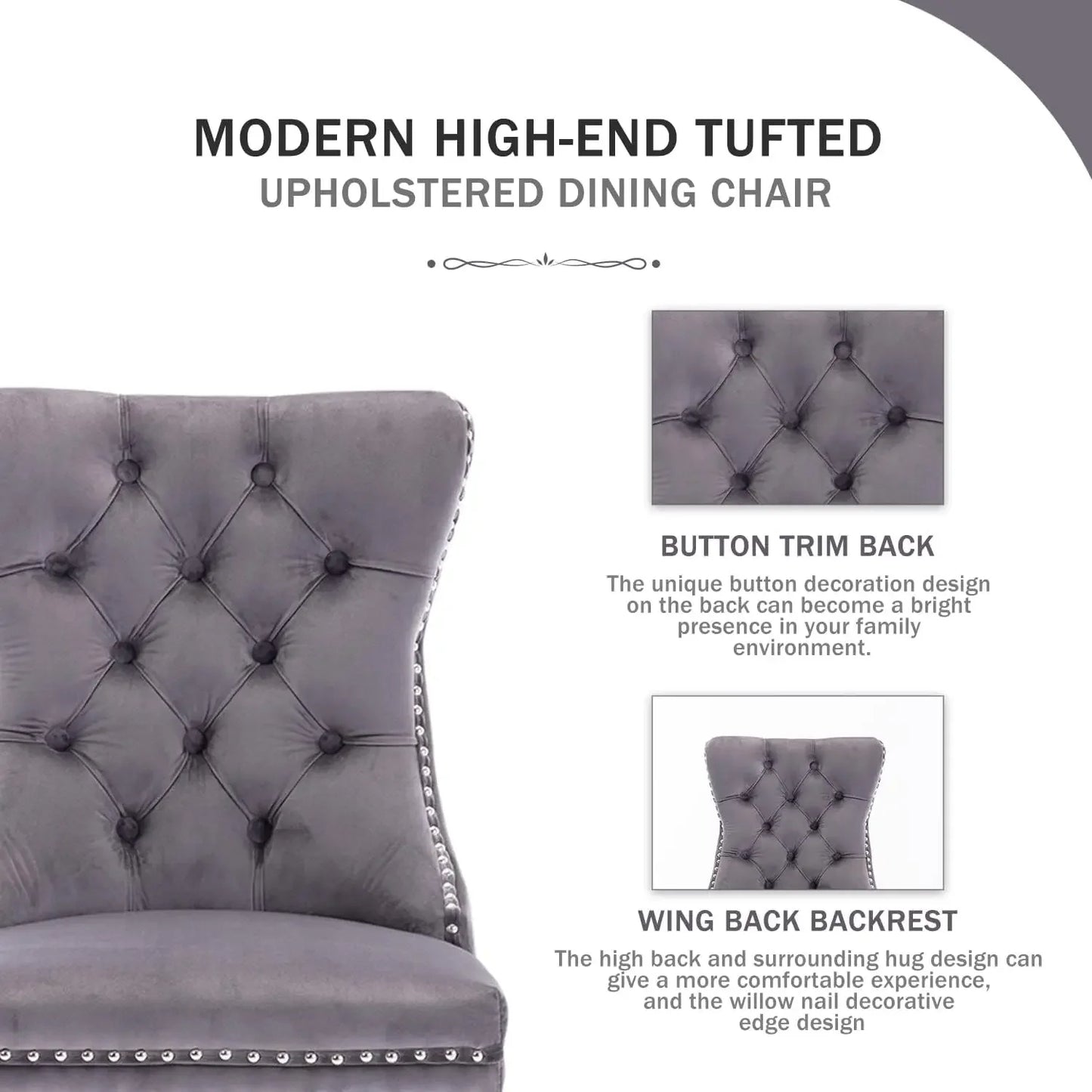 6pcs Gray Upholstered Modern High End Tufted Velvet Wingback Button Trim Back Dining Chairs Set