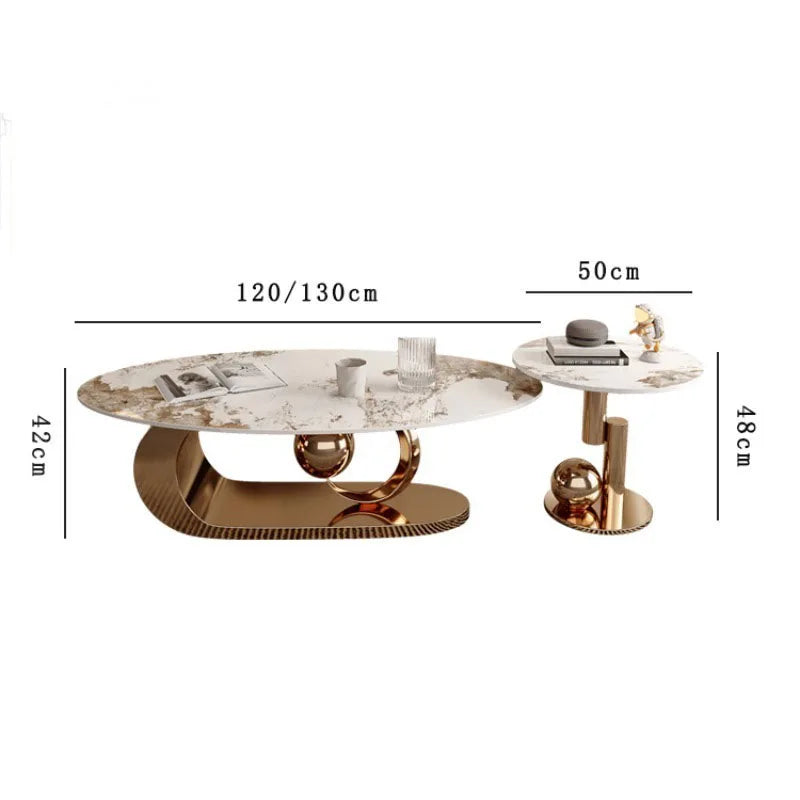 2 pcs Marble Topped Oval-Shaped Coffee Table Gold Colored Metal Base / Small Round Coffee Table Set/ Size: Oval Table 42cm H x 120/130cm W/ Size: Small Round 50cm W x 48cm H